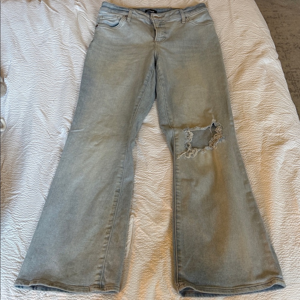 Express Light Blue Distressed Flare Jeans